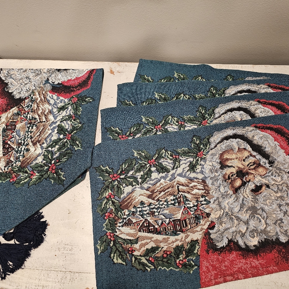Vintage Tapestry Santa Placemat Set with Runner